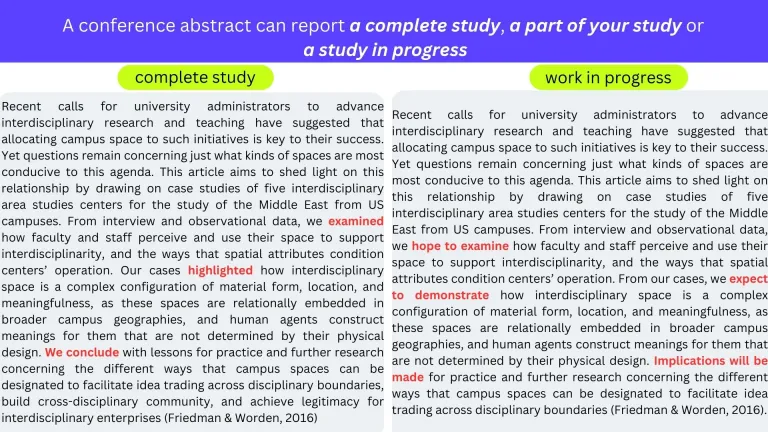 A conference abstract can report a complete study, a part of your study or a study in progress A complete study Recent calls for university administrators to advance interdisciplinary research and teaching have suggested that allocating campus space to such initiatives is key to their success. Yes questions remain concerning just what kinds of spaces are most conducive to this agenda. This article aims to shed light on this relationship by drawing on case studies of five interdisciplinary area studies c